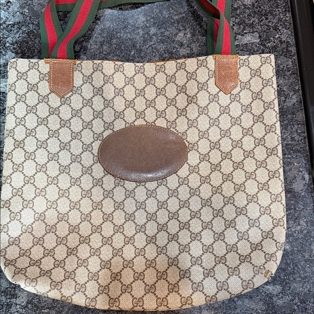 Beige and Brown Tote with Green and Red Straps